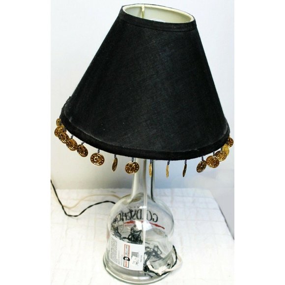 Goldschlager Table Lamp Clear Bottle Black Shade Coin Fringe Handmade Rice Light - Picture 6 of 12